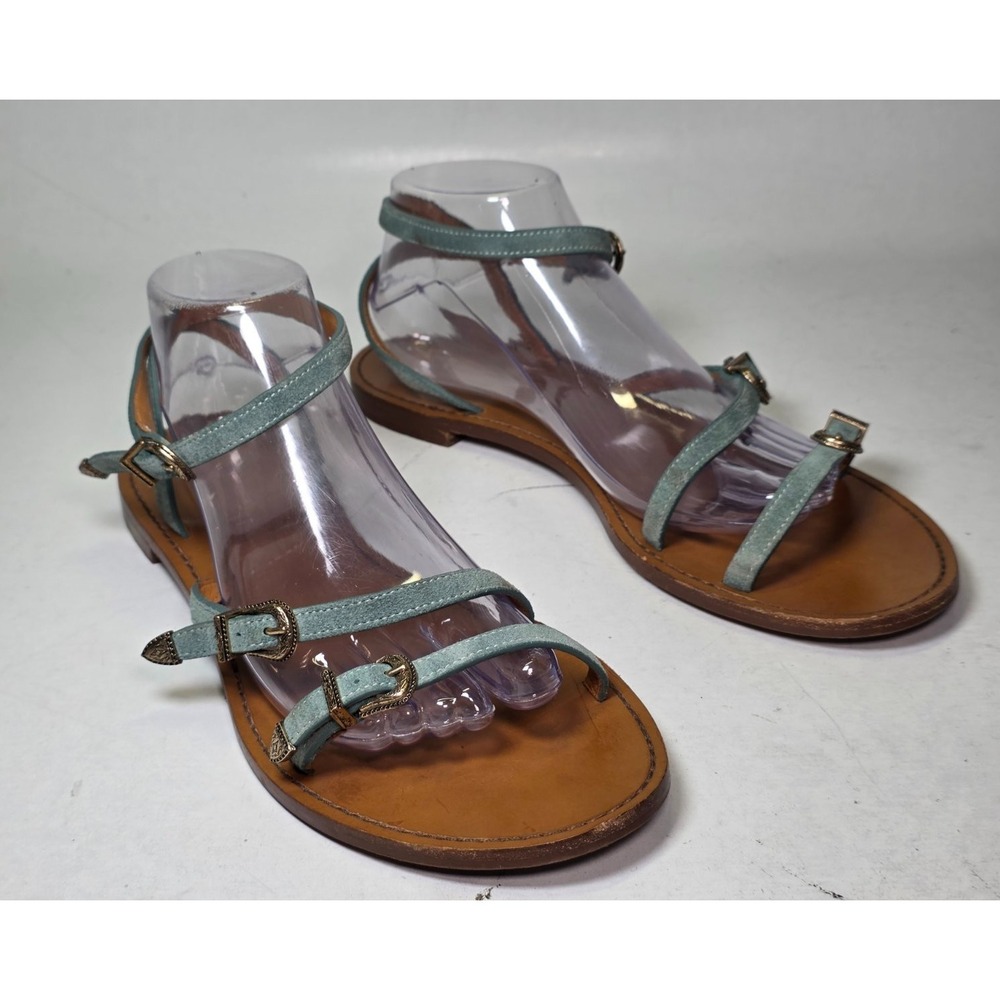 Sezane Les Souliers Sandals Women's Size 10 Teal Green Suede Strappy Shoes Italy